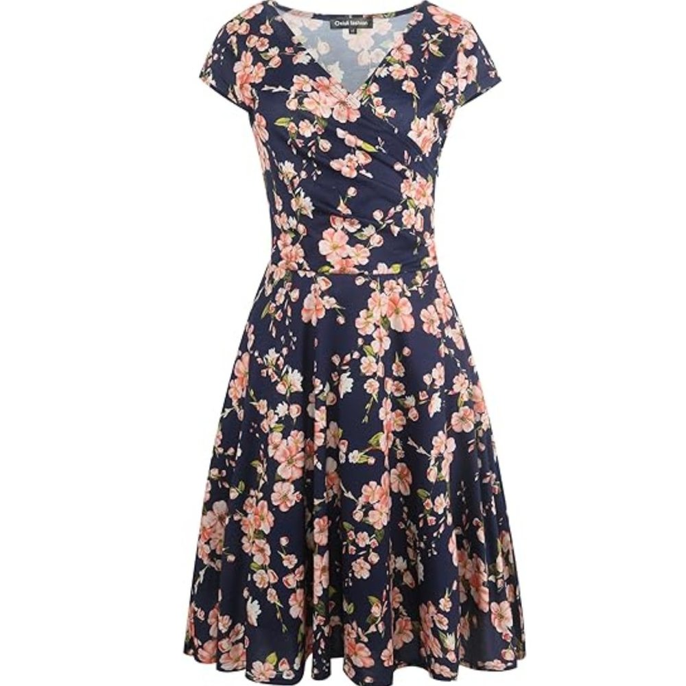 Oxiuly Women's Casual Dresses Criss-Cross V-Neck Floral Flare Midi Summer Dress